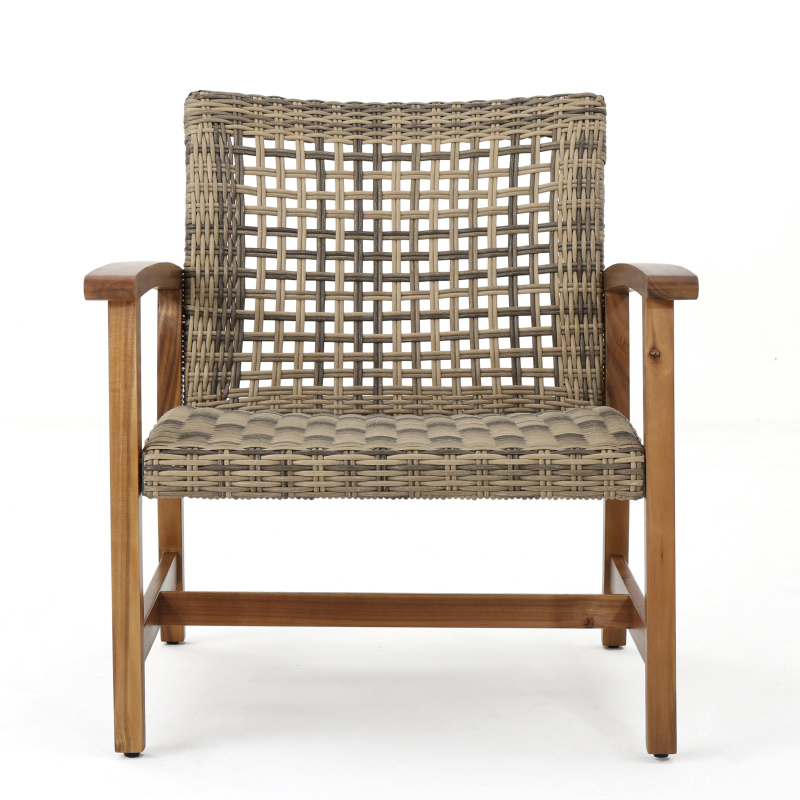 Outdoor Acacia Wood Wicker Club Chairs with Acacia Wood Frame, 2pcs Set