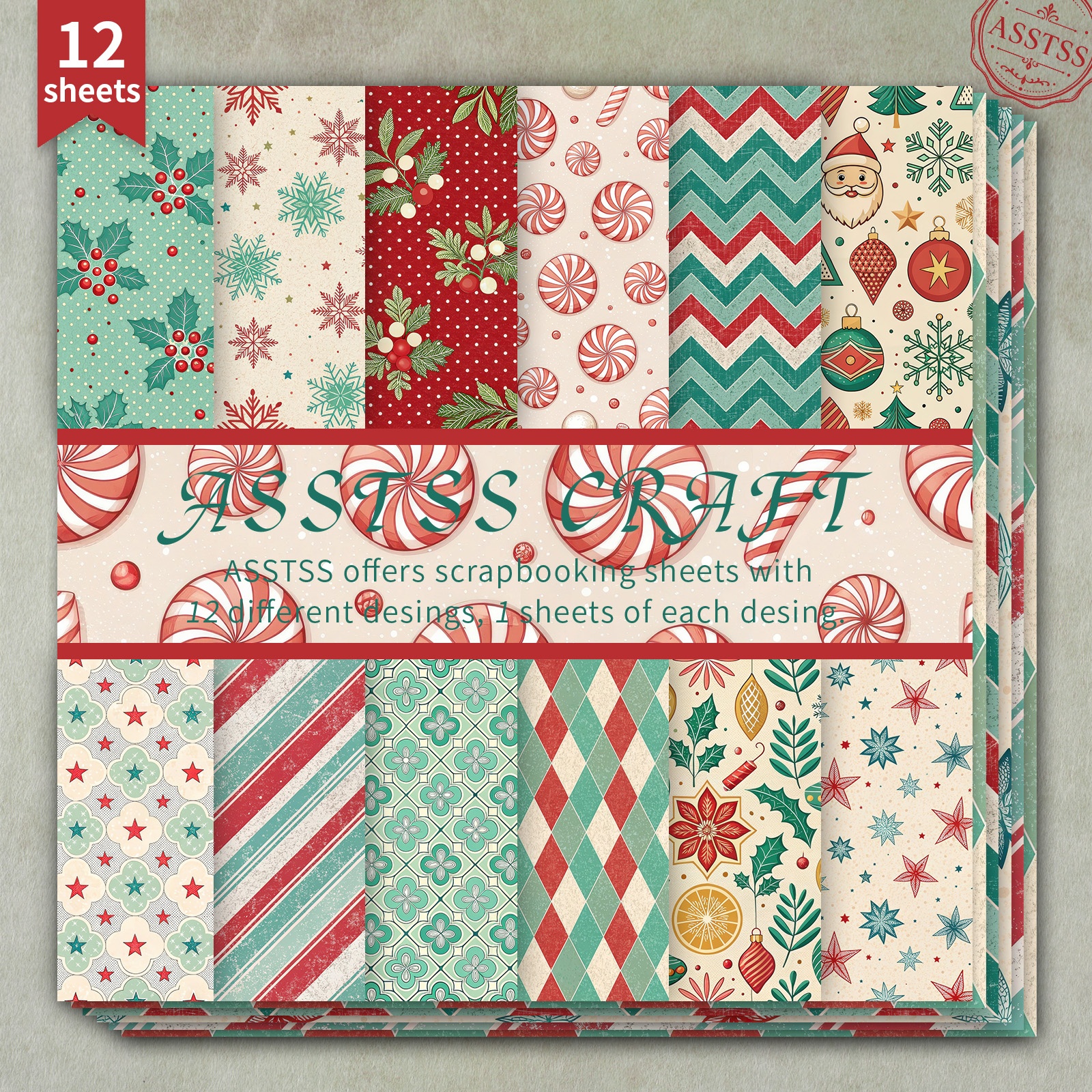 TEMU 12-sheet Asstss 6*6inch Scrapbooking Paper Pad,christmas Holly Santa Claus Vintage Style Backing Paper Supplies, Heavyweight Cardstock For