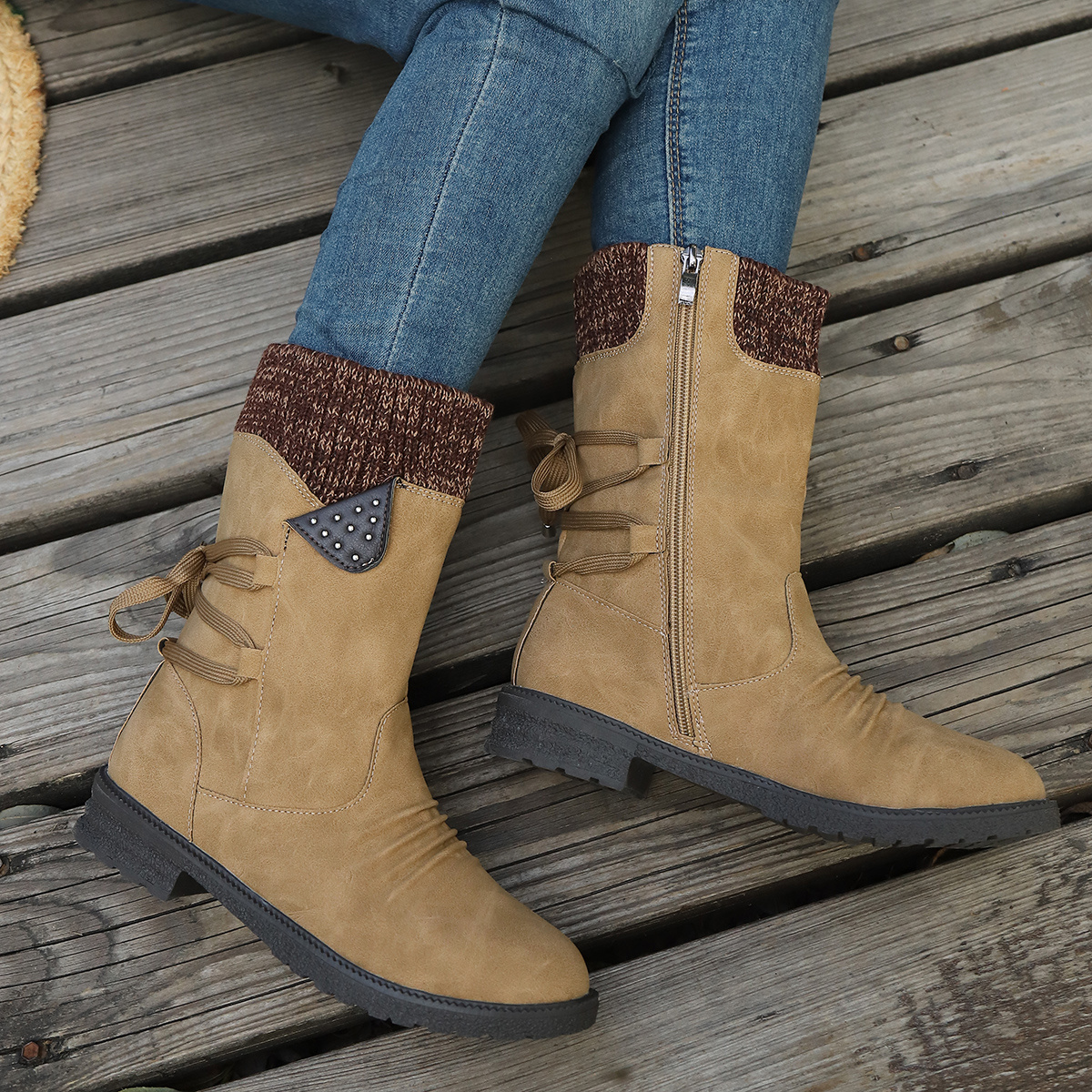 retro classic elegant s   calf boots elastic shoe opening design lace up adjustment for plus size girls multiple colors   grey black   and purple womens footwear cute round toe slip on autumn ankle boots   to ladies lightweight   daily   vacation travel outdoor sports trendy scene cn36 eu36 khaki 14