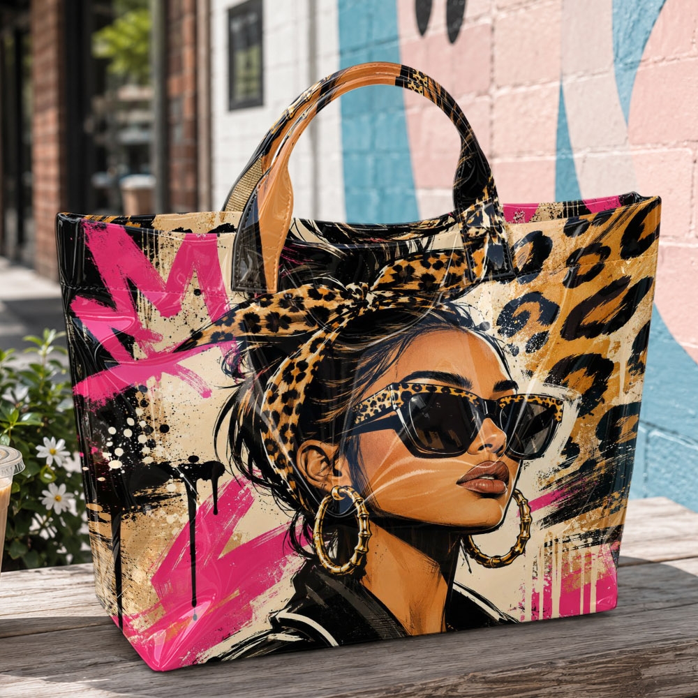 Image of Graffiti Leopard Print Tote Bag, Street Fashion Glossy Shoulder Tote Bag, Large Capacity Tote Bag, Suitable For Concerts, Music Festivals, Daily Chores, And Casual