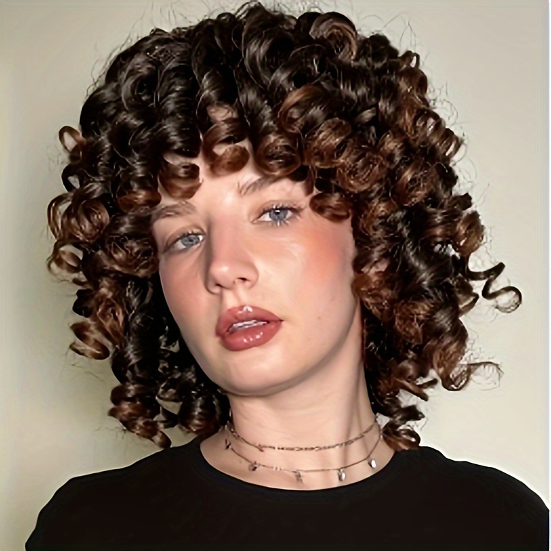 TEMU Women's Afro Wig With Bangs 14 Inch 180% Density Heat Resistant Synthetic Hair - Glueless , Natural Look Ombre Curly/ Kinky Wig For Tones, Daily Wear, Party & Cosplay (no Glue Needed)