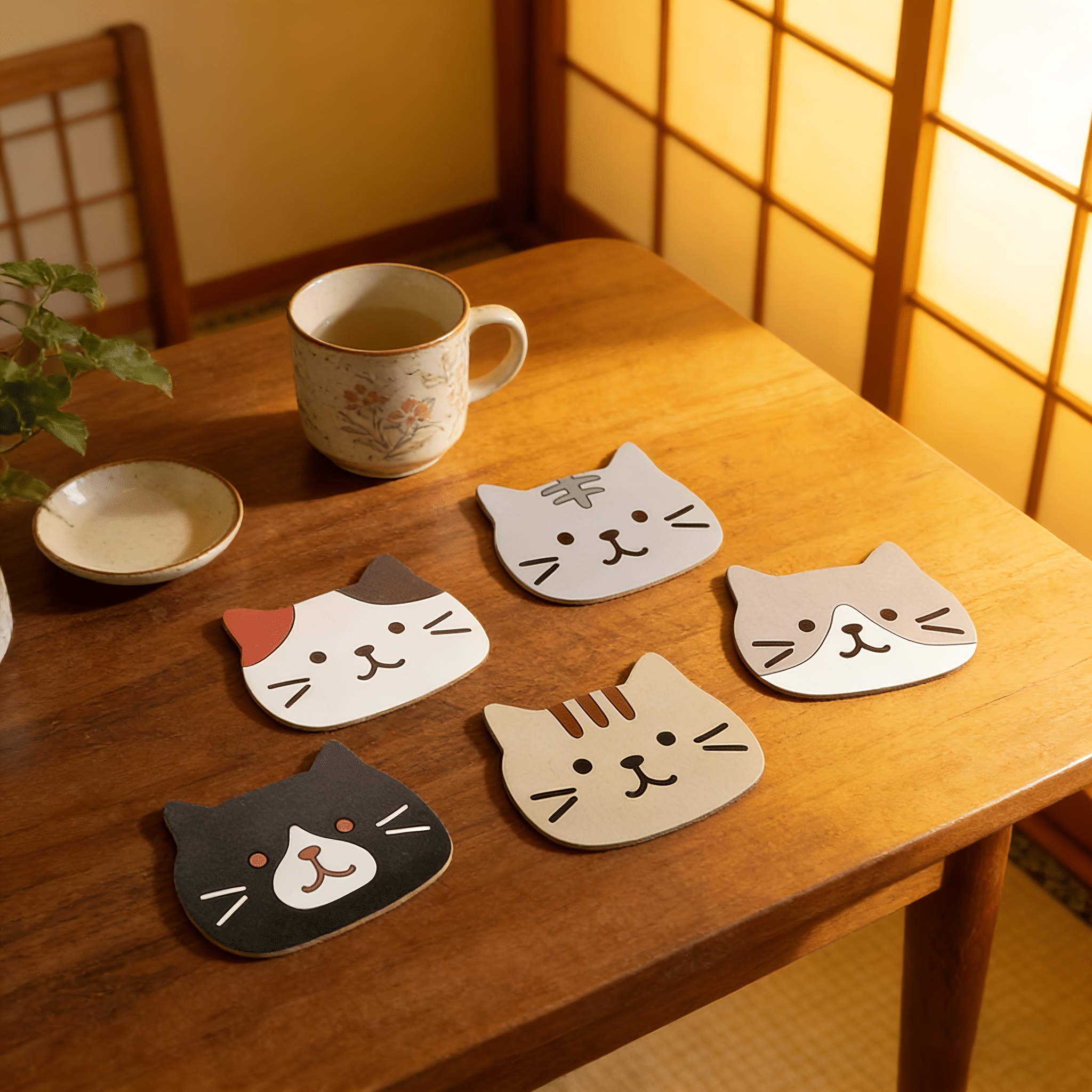 TEMU 5pcs Wooden Cat Coasters, Cute Cat , Holiday Gift For , Suitable For Room, Coffee Corner, Bedroom Bedside Table Decoration, And Pet-themed Event