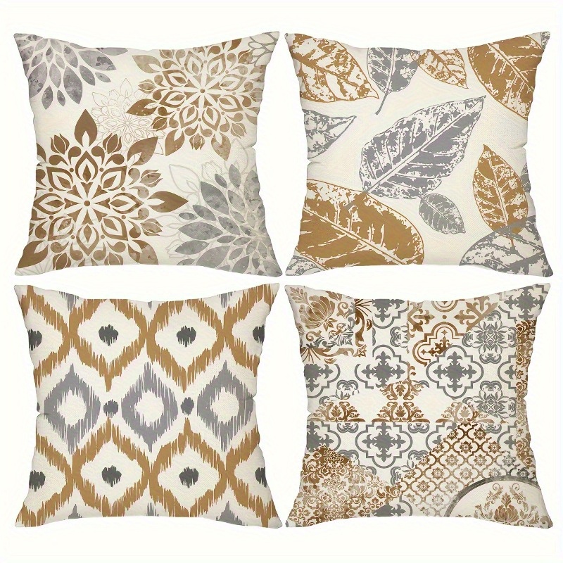 

4pcs Set Geometric & Floral Leaf Throw Pillow Covers - Soft Velvet, Zip Closure, Machine Washable - Living Room, Bedroom, Garden Decor