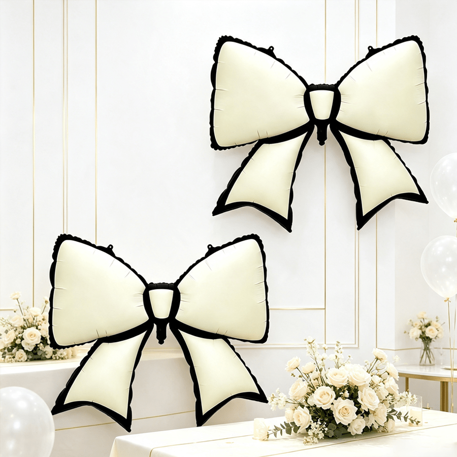 TEMU 2 ballons en aluminium blanc lait avec nœud et bordure noire, grands ballons en aluminium avec nœud, décoration de fond photo atmosphérique,
