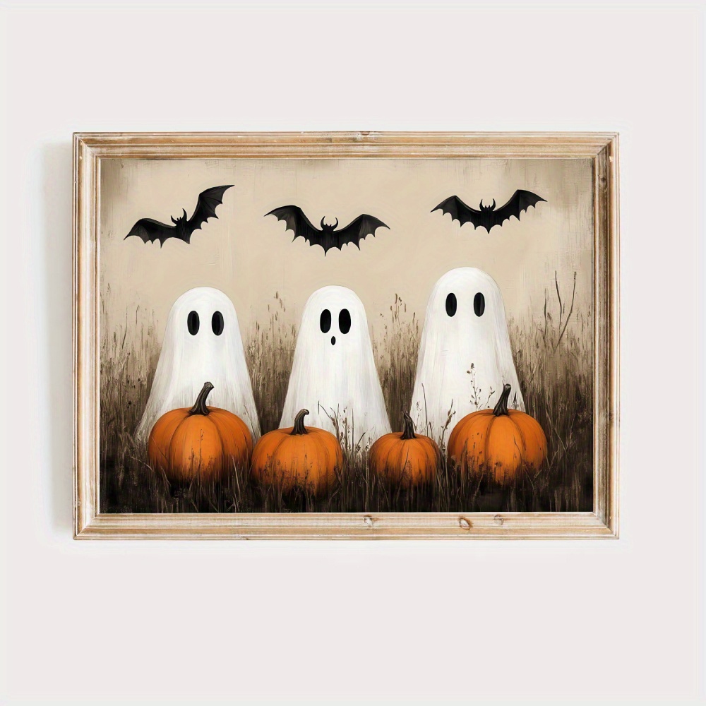 TEMU 2d Flat, 1pc Vintage Frameless Horizontal Canvas - Cute Country With Pumpkins & Bats Wall Art, Retro Suitable For Living Room, Bedroom, Kitchen