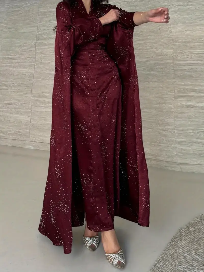 elegant long sleeve abaya dress with sparkling shoulder sequins modest muslim womens burgundy traditional robe floor length non stretch fabric for spring summer hand clean muslim dress Product details 1