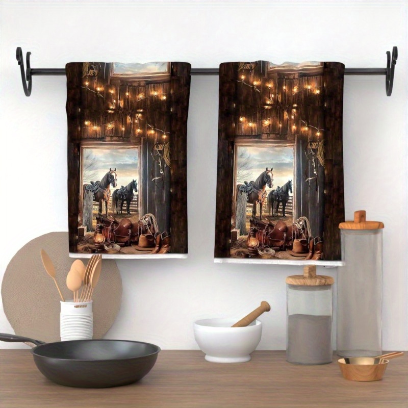 

2pcs Western Horse-themed Polyester Towels, 18x26 Inches, Super Towel Set For Kitchen, Bathroom, Gym, Ideal For & Cowboy Gear Fans, Machine Washable