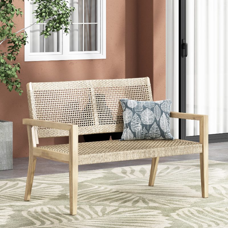 Urban Rustic Outdoor Wicker And Acacia Wood Loveseat, Light Multibrown And Light Brown, 34'' H X 5'' X 27.25'' D