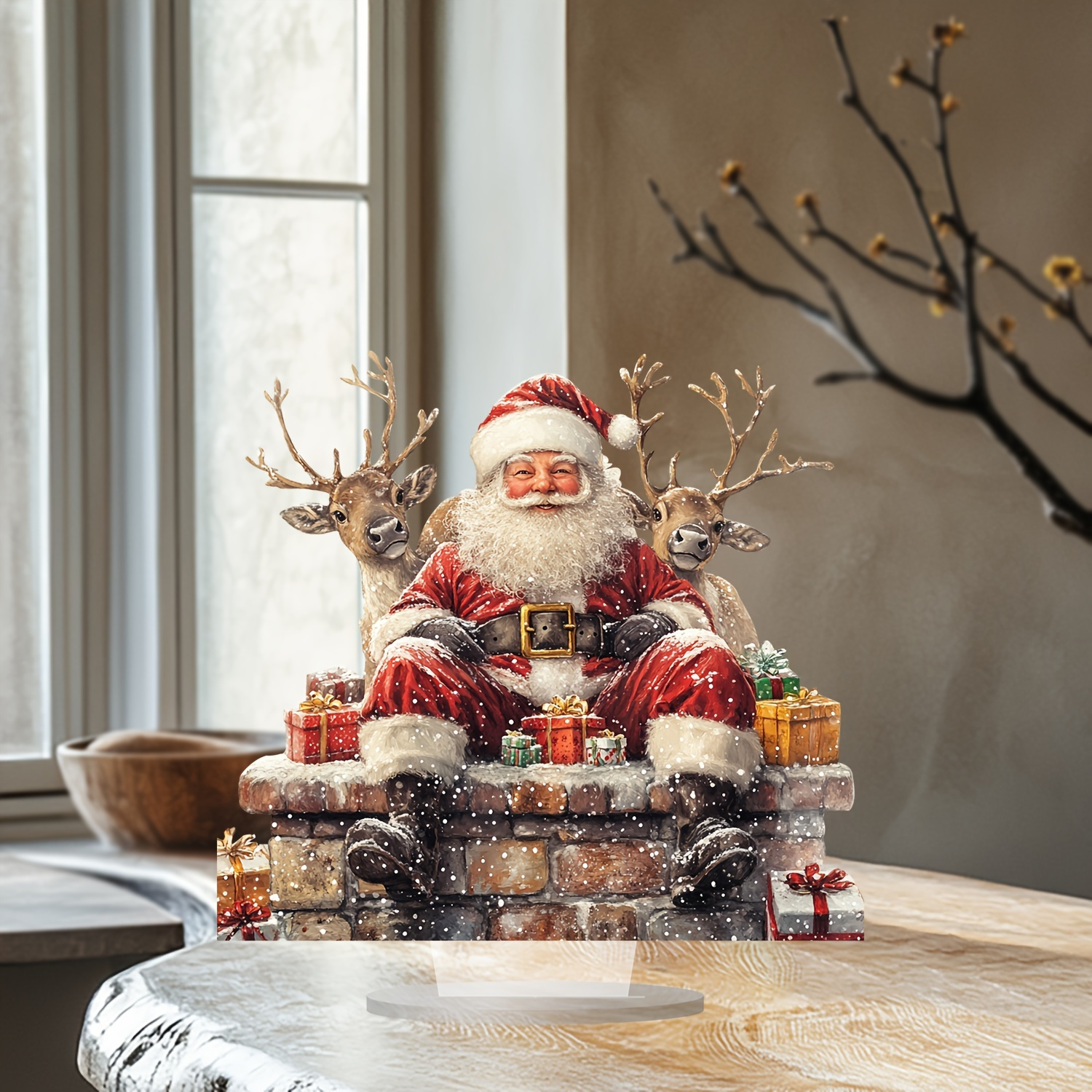 

Santa & Reindeer 3d Figurine - Christmas Tabletop Decor, Home, Office, Café, And Window Displays | Ideal Gift For Birthdays, , And