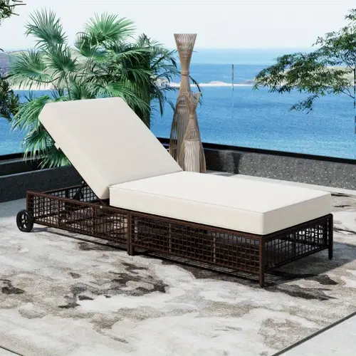 trexm 5 position adjustable outdoor chaise lounge chair with wheels rattan patio furniture weather resistant pvc frame plush cushion wicker design for poolside garden deck backyard beach