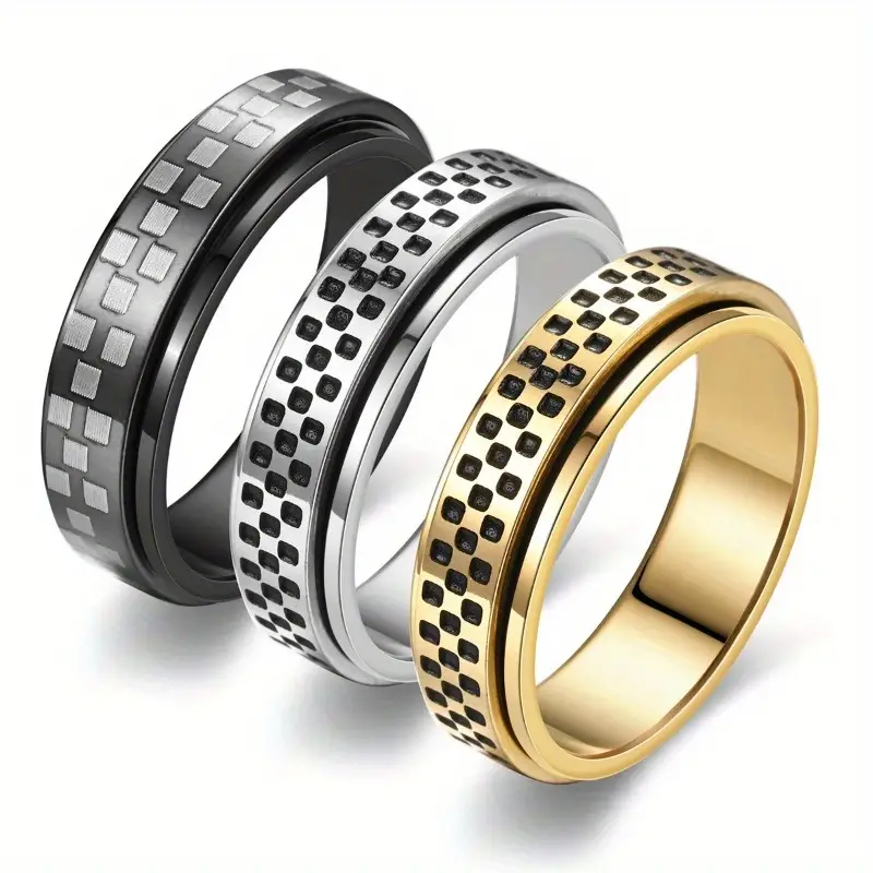 a stylish new mens ring with a unique european and american design featuring a resistant oil coated rotatable small checkered mosaic pattern its a versatile accessory durable and suitable for everyday wear or as a gift Product details 0