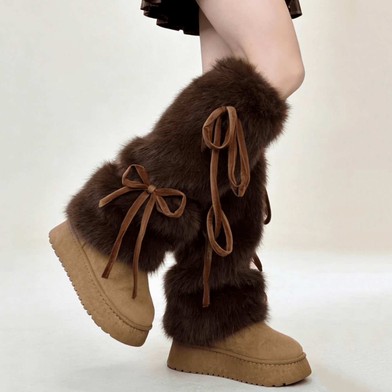 TEMU 1 Pair Autumn And Winter White/coffee/khaki Y2k Bow Tie Plush Warm Leg Warmers (may Shed A Little Fluff)