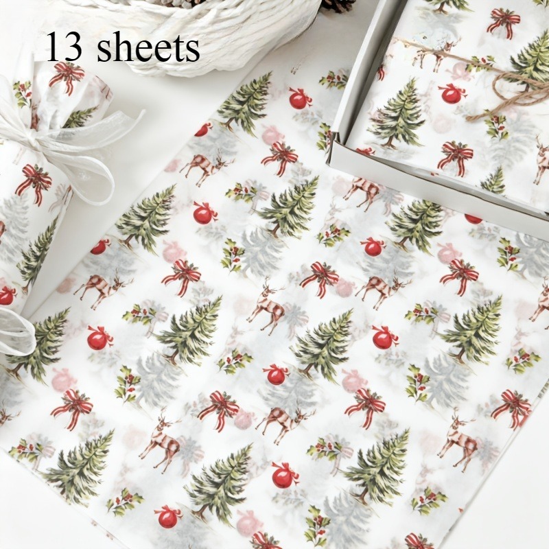 TEMU 13 feuilles de papier fin à motif de forêt de pins de Noël et de avec des pommes, 20 x 14 pouces, papier d'emballage cadeau, idéal pour la