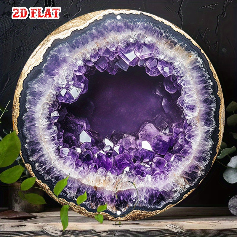 TEMU 2d Flat - 1pc Of Rustic Wall Decoration - A Round Print Of Purple Amethyst Geode On Aluminum Metal, Frameless Indoor Home Decor Suitable For The