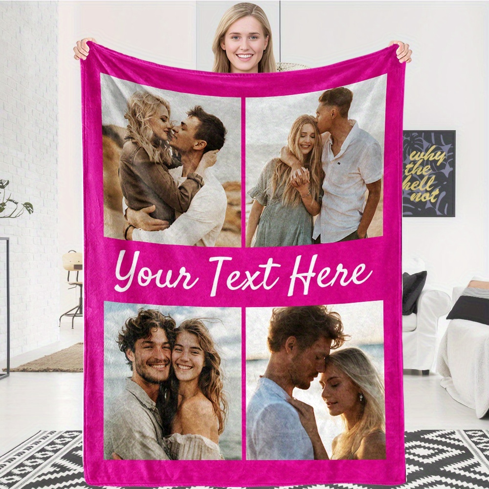 1pc Personalized Photo Text Blanket - Customizable With 4 Photos And 1 Of Text, 280gsm, Suitable For Sofas, Beds, Outdoor Use, Perfect Gift, Use, For Use In Air-conditioned Rooms In Summer.