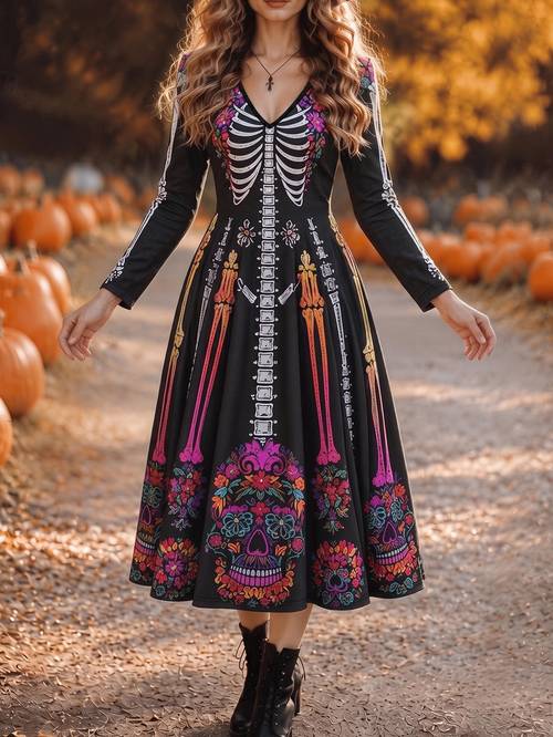 womens autumn and winter dresses halloween and length dress with long sleeves v neck colorful skull print long skirt with large hem vintage mexican style party dress