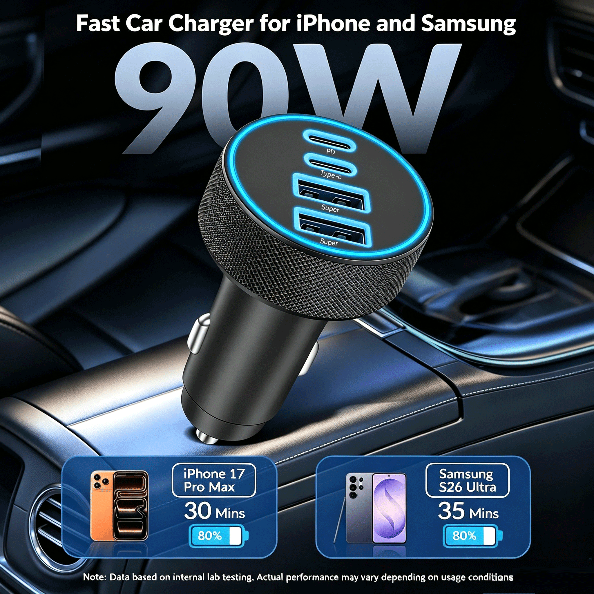 TEMU Fast 90w Aluminum Car Charger - 4-in-1 Design With 2 45w Usb-c Ports And Usb-a For Iphone, Galaxy, Tablet, - Car Charger, Without Battery