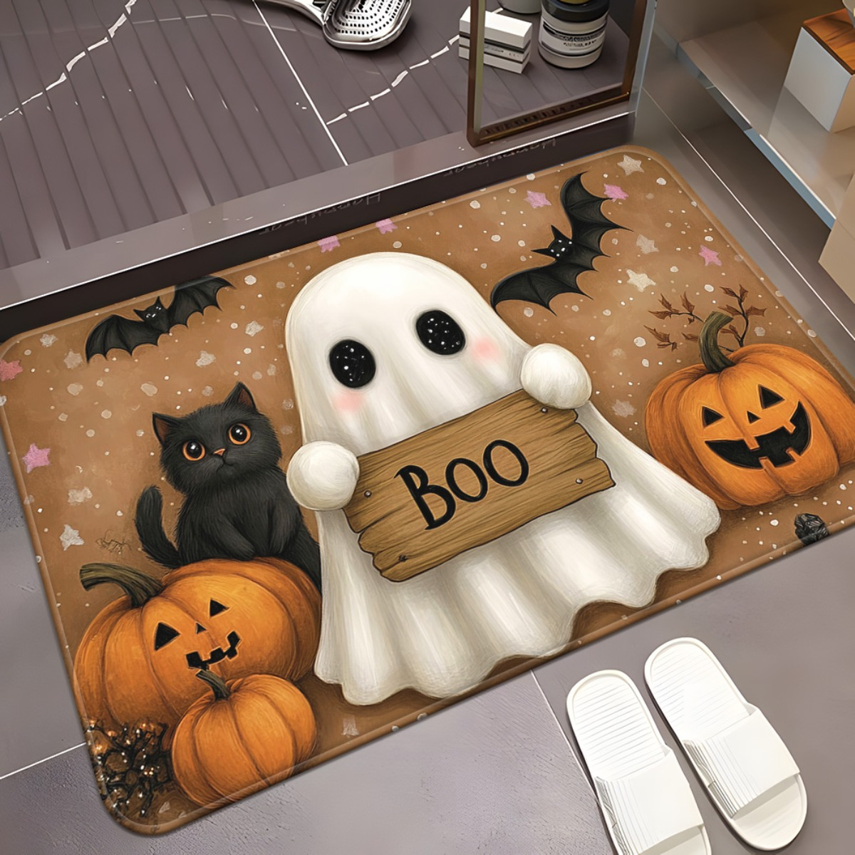 TEMU 1pc Cute Door Mat & Floor Rug - Non-slip Absorbent Machine Washable Suitable For Bedroom, Living Room, Entrance - Adorable With Friendly Face,