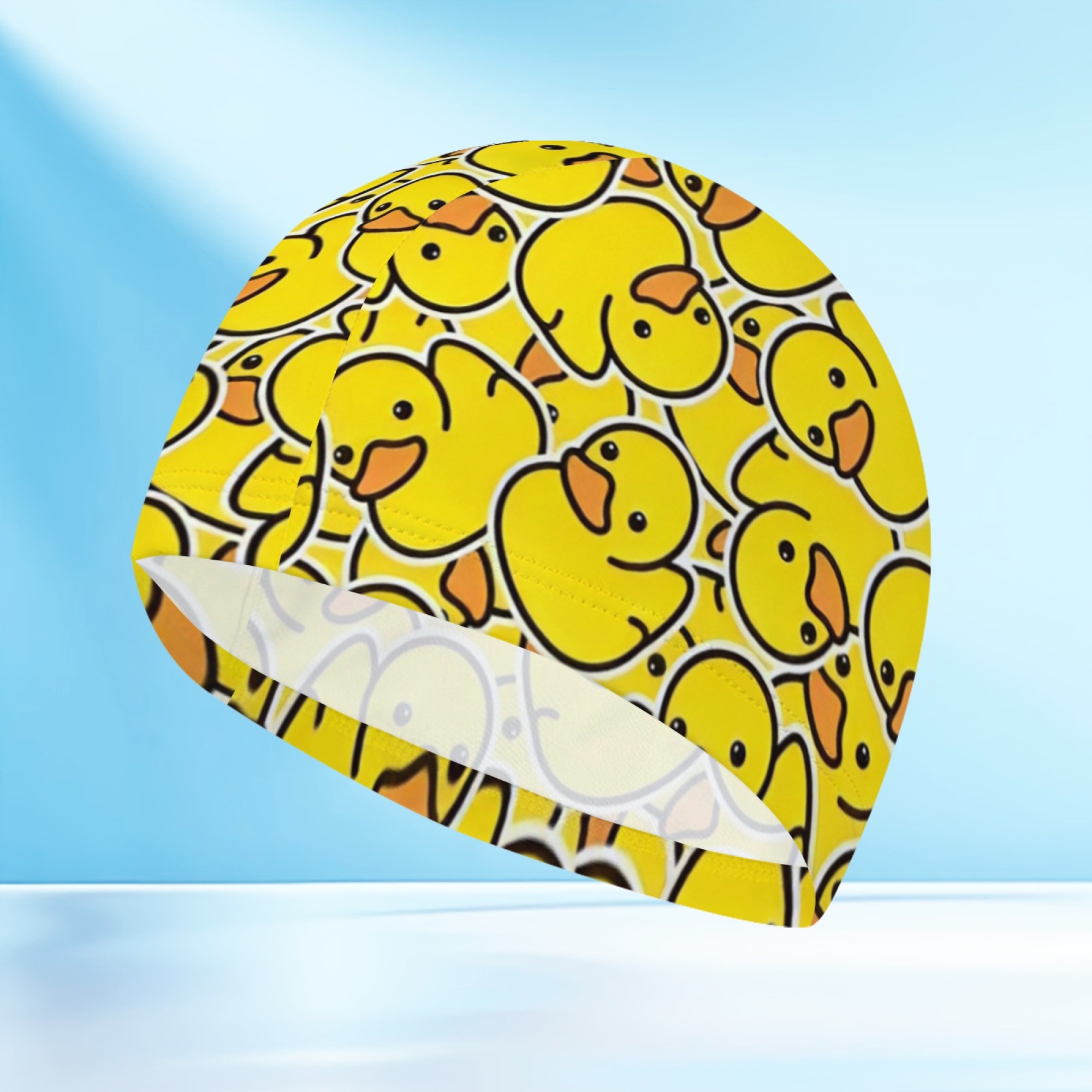 TEMU 1 stuk uniseks badmuts met schattige cartoonprint van een geel eendje over de hele muts, comfortabele stoffen zwemmuts, geschikt voor zomerse