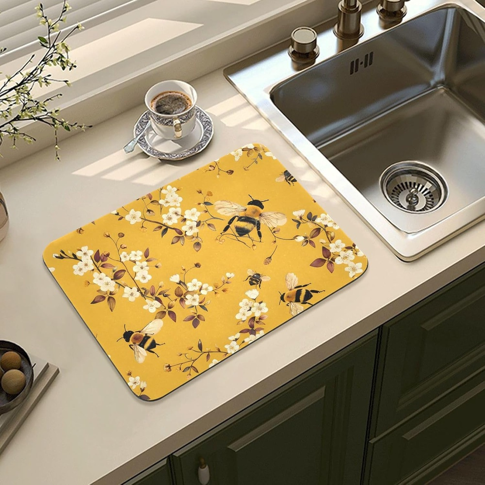 TEMU Lovely Bees Flowers Drying Mat Coffee Mat Under Coffee Maker Espresso Machine Coffee Bar Decoration With Non-slip Rubber Backed Coffee Maker Mat For Utensils