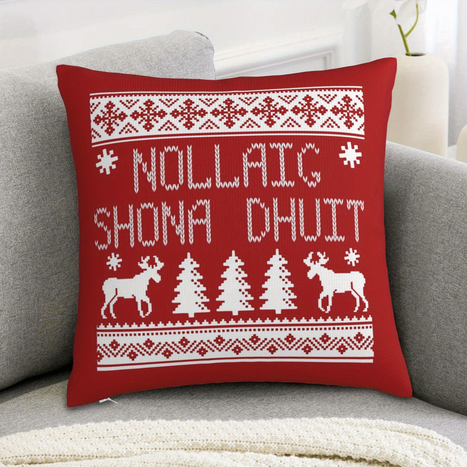 TEMU 1pc Vintage Christmas Pillow Cover Compatible For Irish " Shona Dhuit" Print - Zippered, Machine Washable Holiday Decor (17.7x17.7cm /