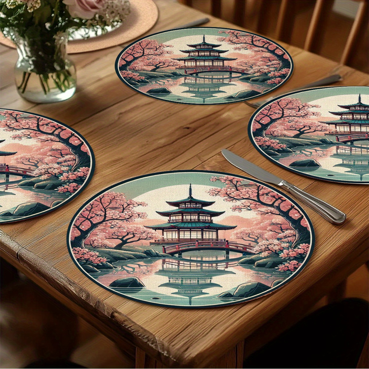 TEMU Ensemble de 4 assiettes de table rondes avec japonaises - Motif floral élégant, fabriquées en polyester lavable en machine, parfaites pour un ,
