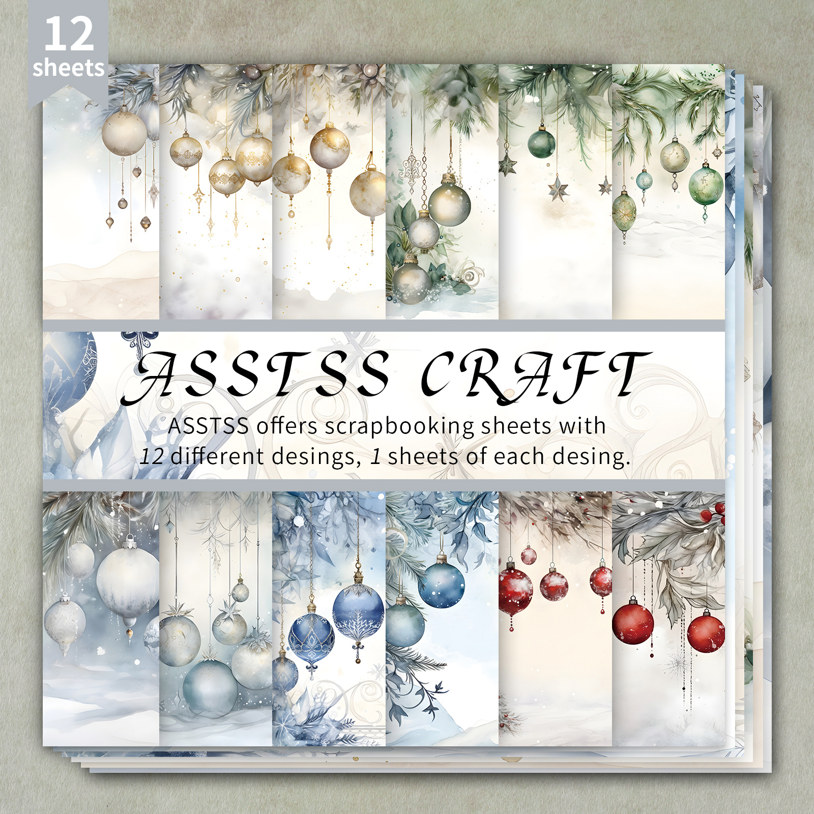 TEMU Bloc de papier de scrapbooking ASSTSS de 12 feuilles, fournitures de papier de base de Noël fraîches, carton épais adapté au journaling, à du