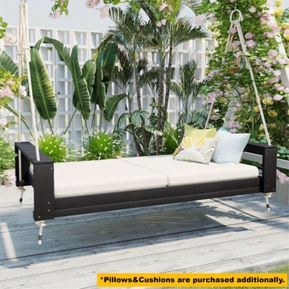 Garden seating. Swing chair. Double-sized porch swing bed seating set with hemp rope swing frame, suitable for gardens and backyards. Minimalist rustic style, ideal for courtyards and gardens. Mattress sold separately.