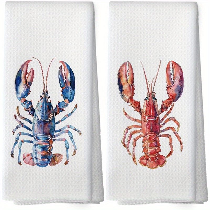 Image of 2pcs 18*26 Inches Coastal Beach Kitchen Dishcloths, Lovers' Gifts, Beach And Ocean Hand Towels, Kitchen Tea Towels, Seafood Cooking Party Supplies, Kitchen Towels