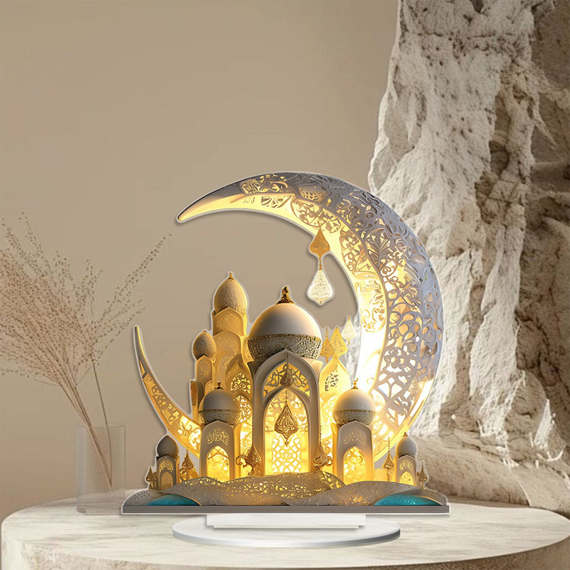 2D Flat, 2D Flat, 2D Flat - 2d Flat Moon Castle Ramadan Acrylic Desktop Ornament | Elegant Crescent and Islamic Architecture Design, Ideal for Home and Party Decoration, Non