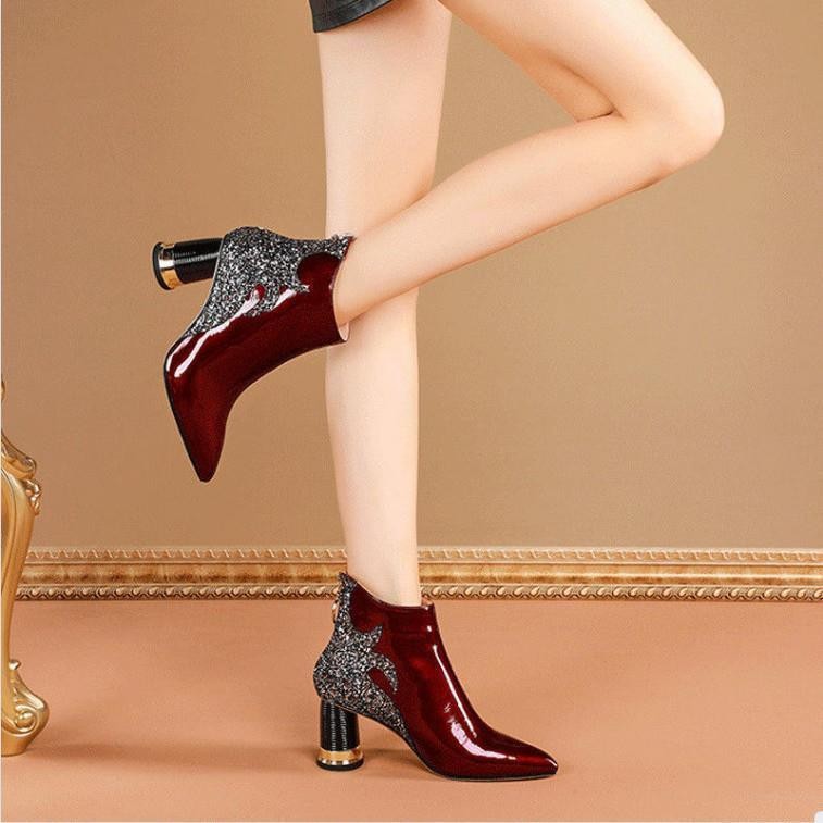 Women's Plus-Size Chunky Mid-heel Ankles Boots - Pointed Toe Zipper Closure Party Boots in Burgundy/Red, Synthetic Cover Outfits Shoes for Formal Events, Everyday & Special Occasions - Hand Washable, Formal Footwear, Rhinestone Embellishments, Textured Finish