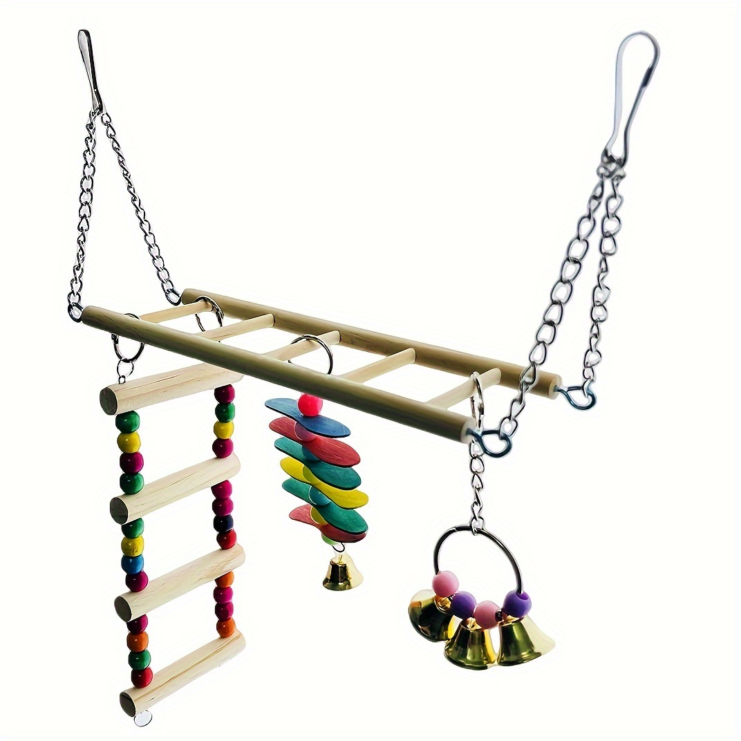 

Colorful Wooden Bird Toy With Swing, Climbing Ladder & Hanging Bells - Fun Parrot Playset For Small To Medium Birds