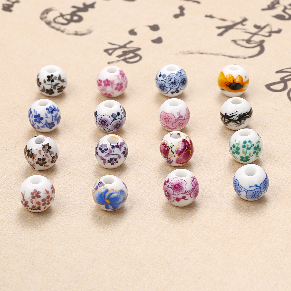 30pcs Fresh Floral Plant Printed Ceramic Loose Beads for DIY Making