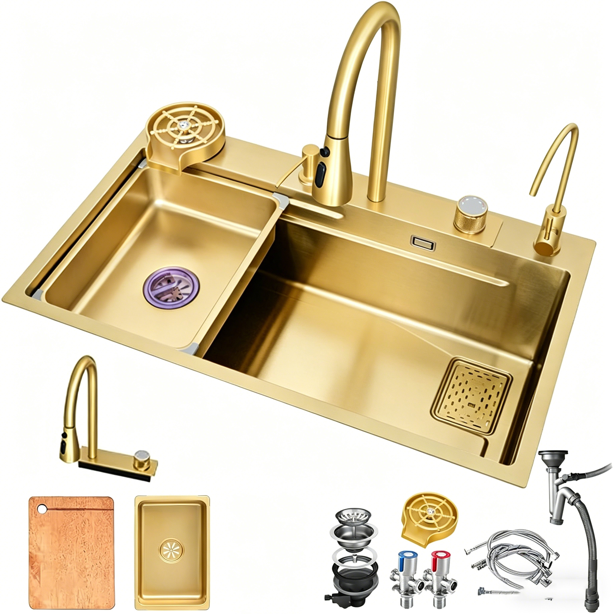 Image of Brushed Sink Waterfall, Bar Sink, 304 Stainless Steel Sink, Household Sink Set, Integrated Sink With Removable Faucet, Or Undermount Installation (color: Brushed Golden, S: 68x46cm)