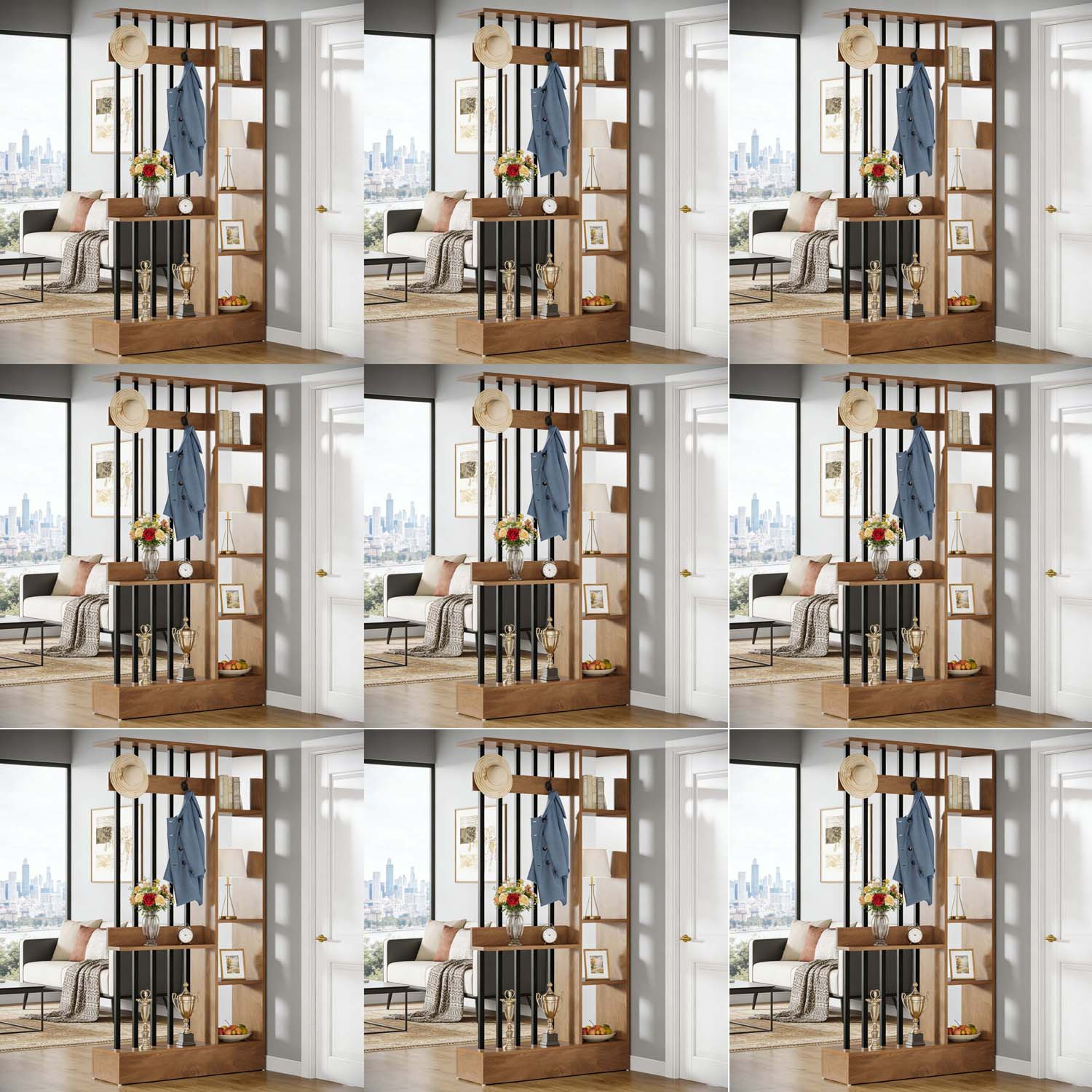 Image of 71' Modern Wood Freestanding Room Divider - Multi-functional Bookshelf With Shelves And Coat Hooks, Practical Partition For Home And Office, Brown