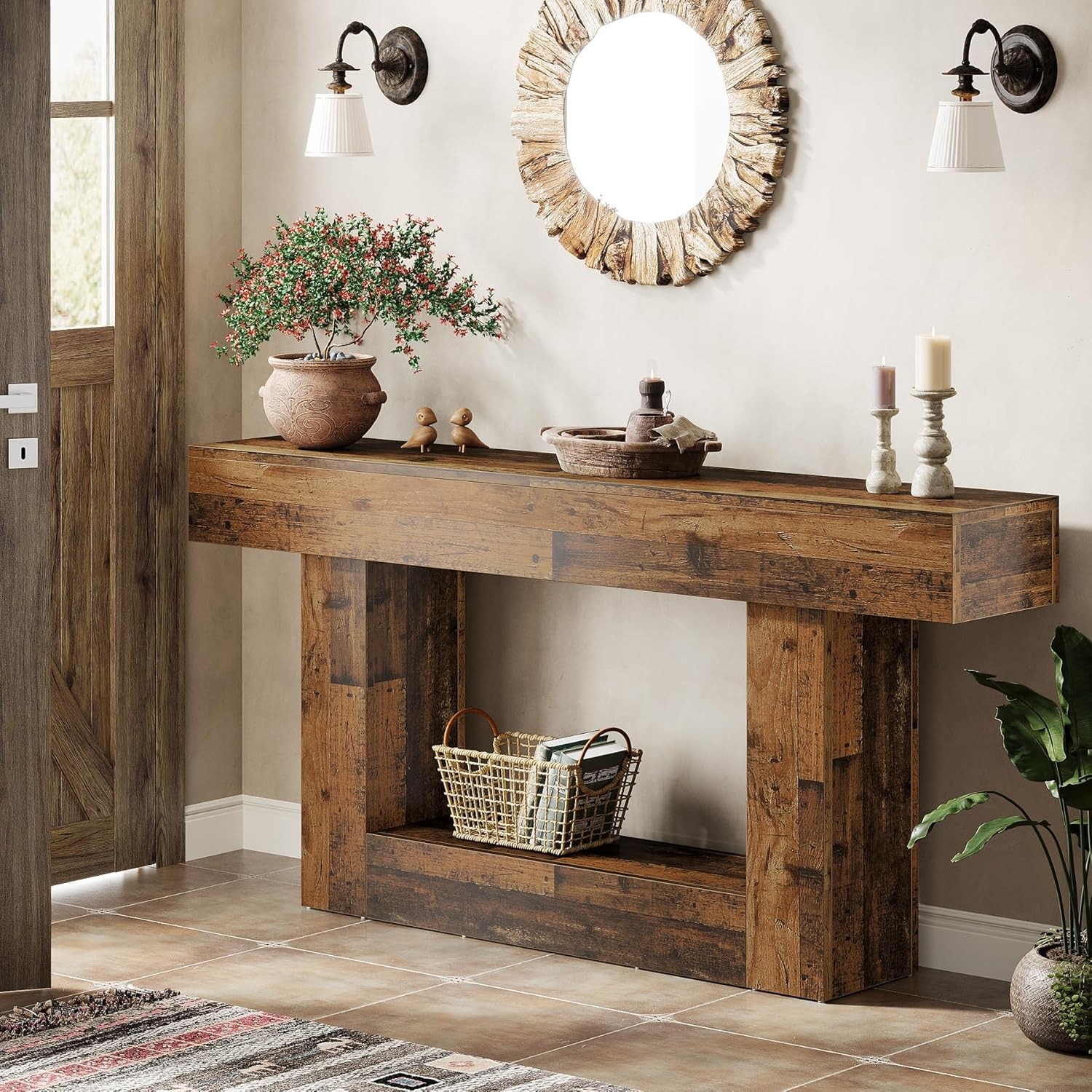 63' Console Table, Farmhouse 2-tier Entryway Table With U-shaped Base, Narrow Long Wood Sofa Table Behind Couch Table For Living Room, Hallway, Foyer