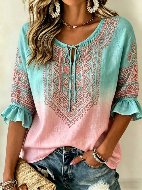 gradient tie dye ethnic style printed womens quarter sleeve ruffle lace up shirt
