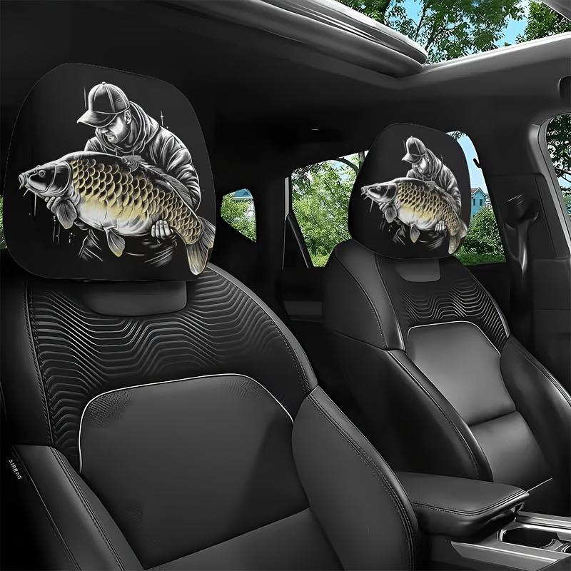 TEMU 2pcs Housses d'appui-tête de voiture imprimées sur le thème de la pêche professionnelle, 2D plates, améliorant , protecteurs d'appui-tête de