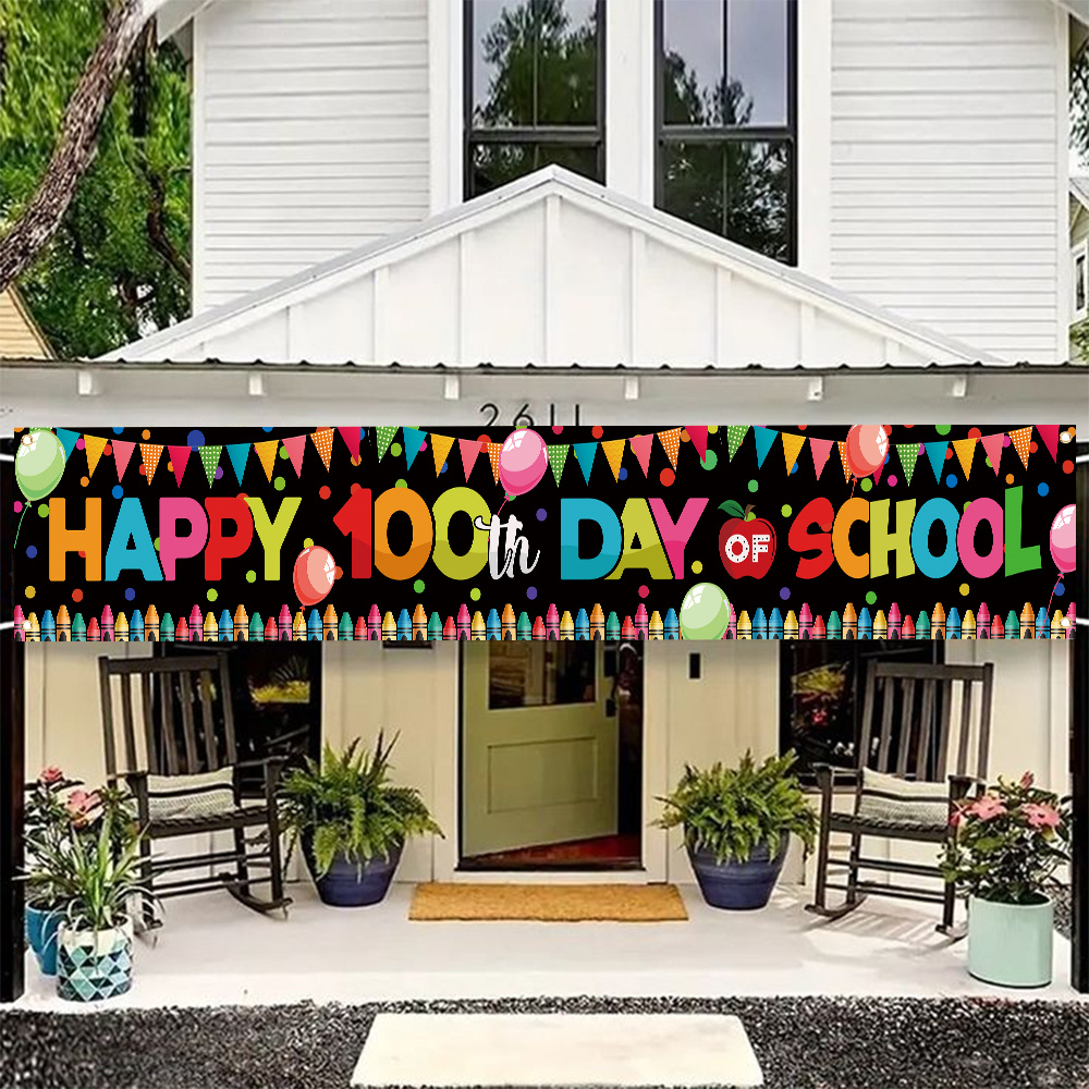 

Happy 100th Day Of School Banner - Polyester, Classroom & Outdoor Decorations, Garden, Fence, Balcony Hanging Sign