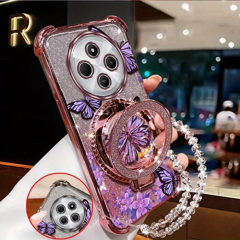 TEMU Phone Case: 14c 4g The Screen Is Full Of Purple Butterflies With Circular Brackets And Transparent Bead Lanyards Pattern Case Made From