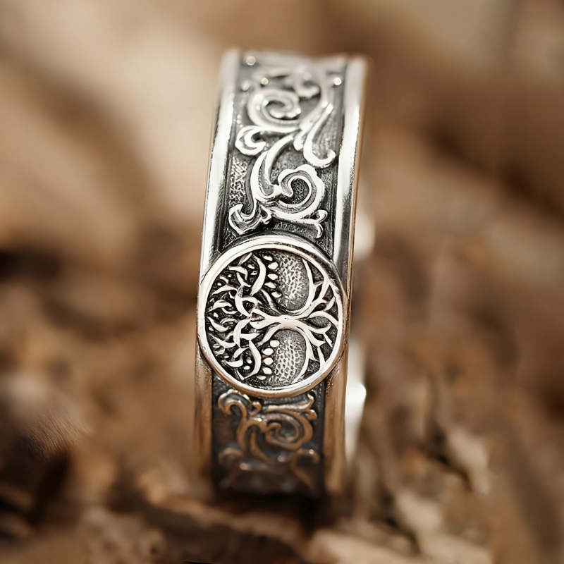 E-shop Bohemian Style Geschnitzte Bäume Blumen Ring Retro Breiter Ring für Frauen Männer Party Urlaub Ring Schmuck