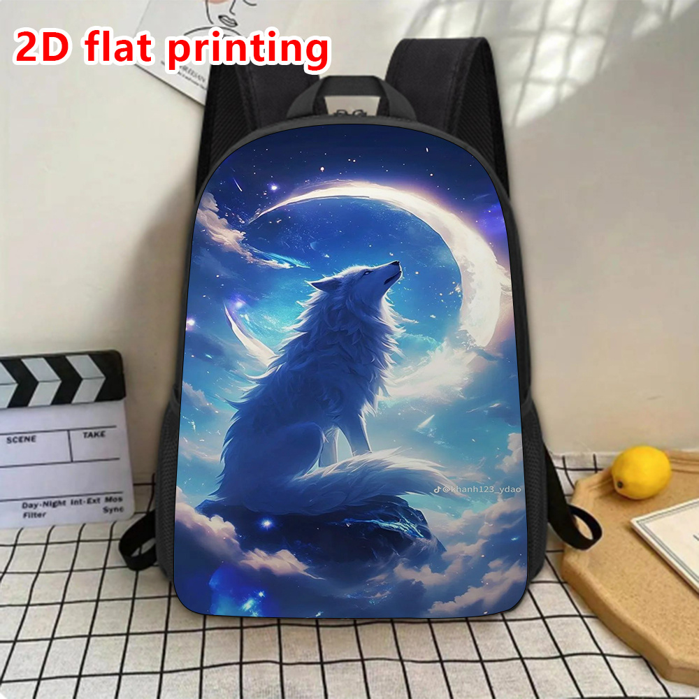 Stylish Celestial Wolf &amp; Moon Print Backpack - Lightweight Large Capacity College Bag with Adjustable Straps, Durable Zipper Closure, Hand Washable -
