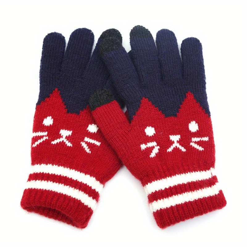 

Women's Winter Touch Screen Gloves, 1 Pair, Jacquard Cat Design, Flexible Finger, Warm Polyester Gloves, Casual Outdoor Wear, Hand Wash Only