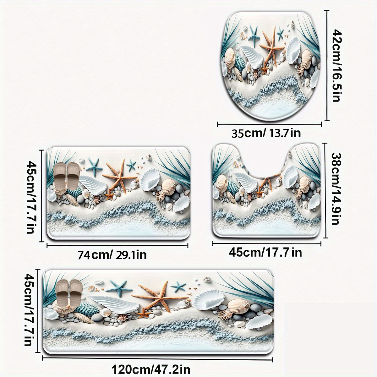3pcs/4pcs Starfish Beach Series Blue Seashell Pattern Bathroom Mat Set With Toilet Lid Cover And U-shaped Foot Mat
