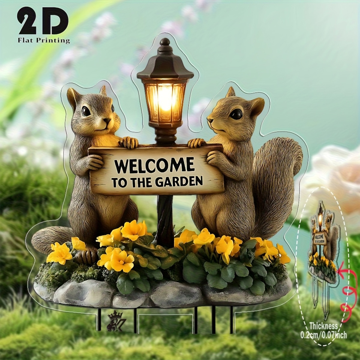 E-shop 2D Flach, [2D Flach] 2D Flach, 1 -Eichhörnchen-Gartenschild mit Laterne Blumendesign – „Willkommen im Garten“ Außendekoration, strapazierfähiger