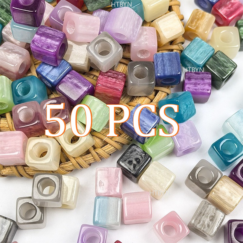 TEMU 50pcs Large Hole Resin Luminous Cube Beads 8mm, Hole 4mm Large, Square Bead String Loose Beads, Handmade Chain Additions, Suitable For Holiday