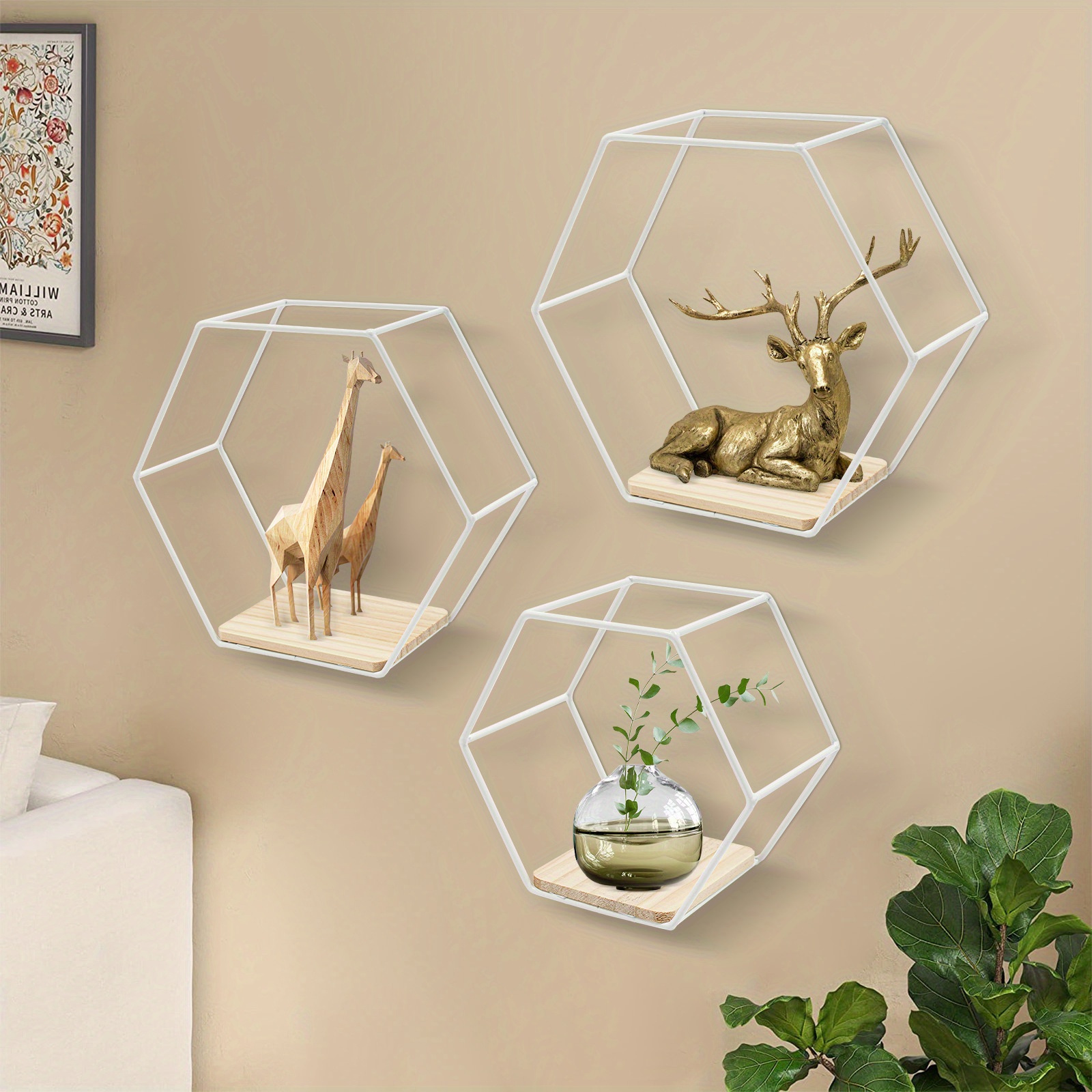 E-shop Moderne Hexagon-Wandregale Set aus 3 Stück, Weißes Eisen & Holz, Platzsparend, Stilvolle Geometrische Aufbewahrung für Fotos, Pflanzen Deko,