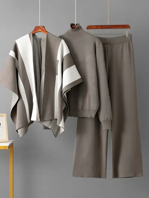 womens 3pcs french suit set beige brown striped sweater wide leg pants shawl jacket like outerwear soft fabric loose fit tunic pants hand washable minimalist a line silhouette for fall winter chic french inspired ensemble no buttons elastic waist neutral tones minimalist stripes shawl pants for layering elegant suits for women trouser suits for women