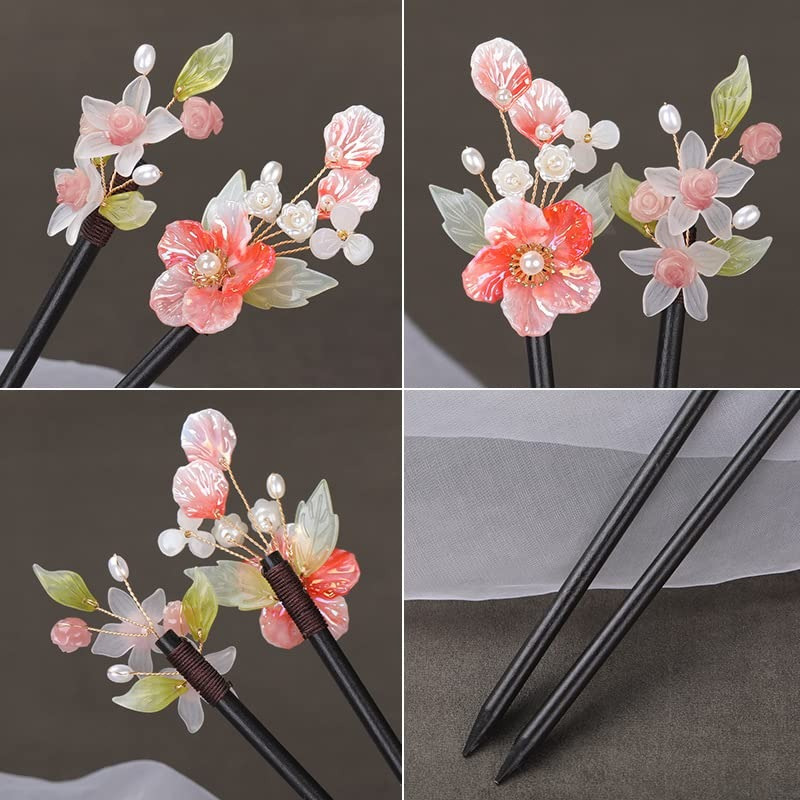2pcs handmade chinese style hair sticks with floral tassels 8 26 retro elegant hairpins for womens long hair wedding everyday hair accessories non slip durable wood plastic pink white flower decor with green leaves gift box included Product details 1
