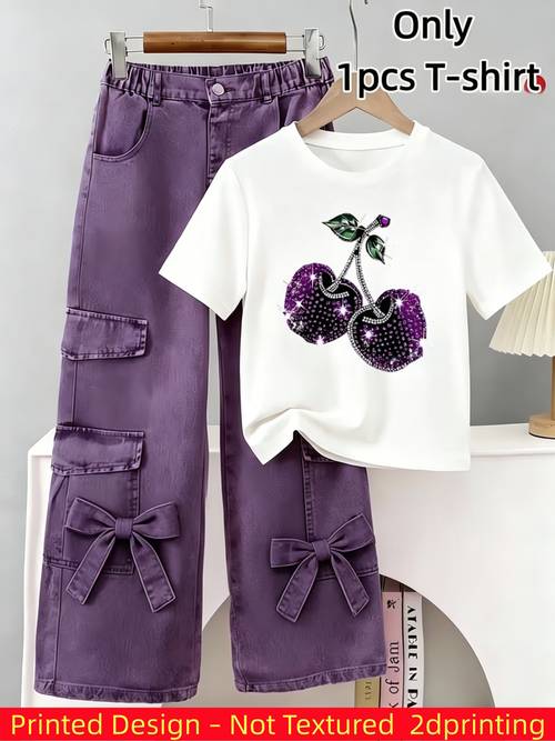 girls single piece casual printed t shirt featuring a cartoon shiny cherry print soft and comfortable fabric for spring summer daily wear and casual outfits suitable for outdoor activities only 1pc t shirt